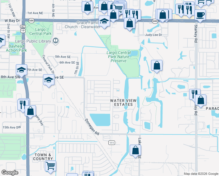 map of restaurants, bars, coffee shops, grocery stores, and more near 1026 Highland Avenue Southeast in Largo