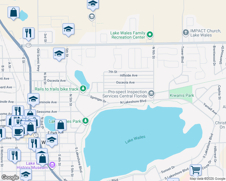 map of restaurants, bars, coffee shops, grocery stores, and more near 718 Wildabon Avenue in Lake Wales