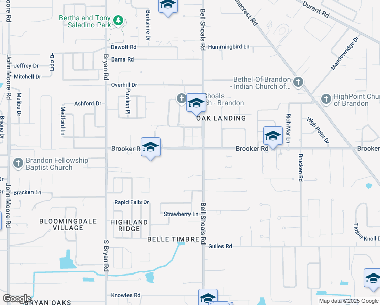 map of restaurants, bars, coffee shops, grocery stores, and more near 909 Brooker Road in Brandon
