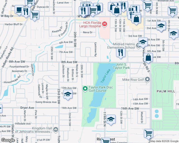 map of restaurants, bars, coffee shops, grocery stores, and more near 1010 18th Street Southwest in Largo
