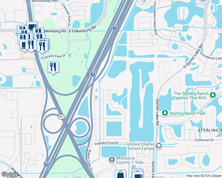 map of restaurants, bars, coffee shops, grocery stores, and more near 10138 Bessemer Pond Court in Riverview