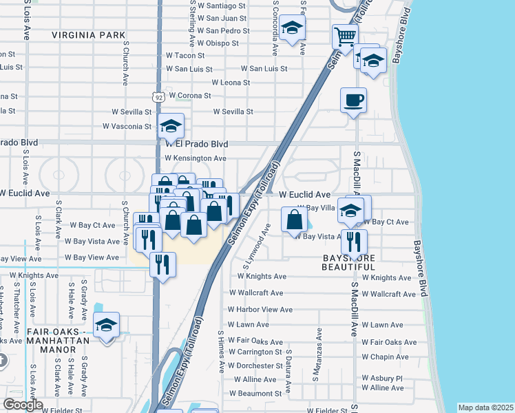 map of restaurants, bars, coffee shops, grocery stores, and more near 3807 South Drexel Avenue in Tampa