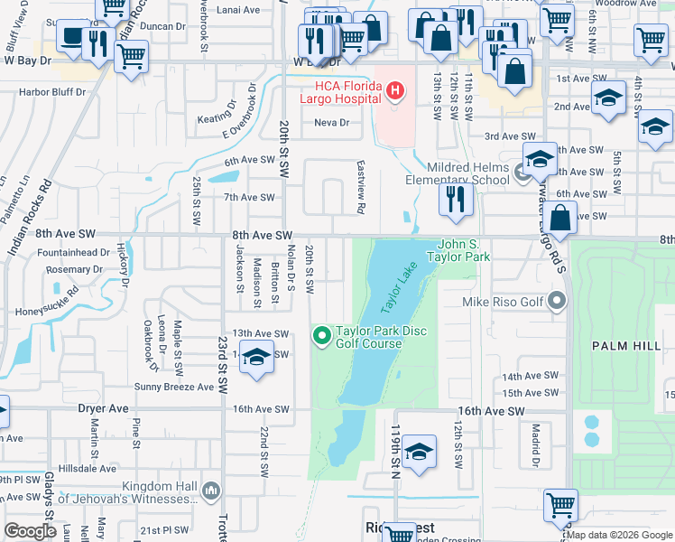 map of restaurants, bars, coffee shops, grocery stores, and more near 1010 18th Street Southwest in Largo