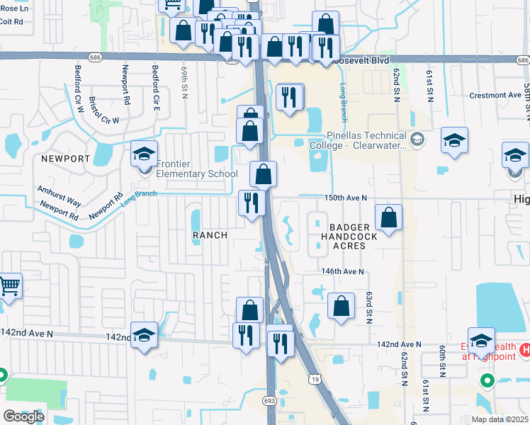 map of restaurants, bars, coffee shops, grocery stores, and more near 14680 US Highway 19 North in Clearwater