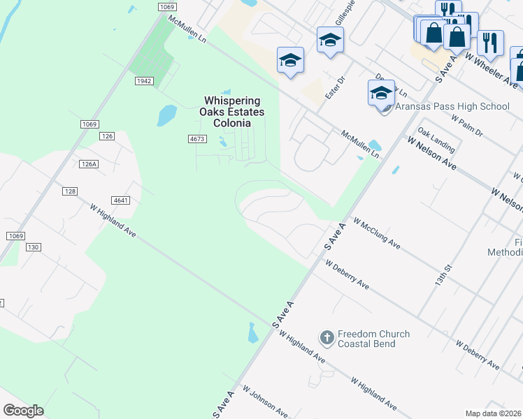map of restaurants, bars, coffee shops, grocery stores, and more near 2216 County Road 1986 in Aransas Pass