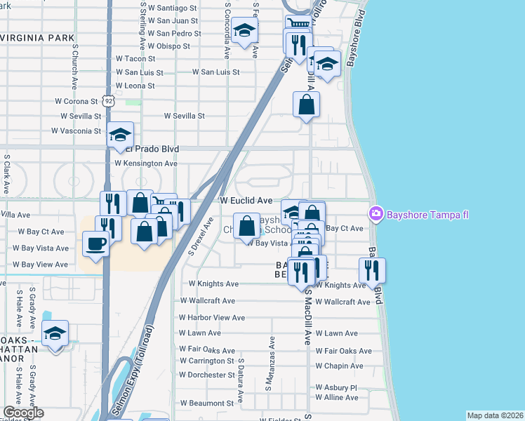 map of restaurants, bars, coffee shops, grocery stores, and more near 3214 West Bay Villa Avenue in Tampa