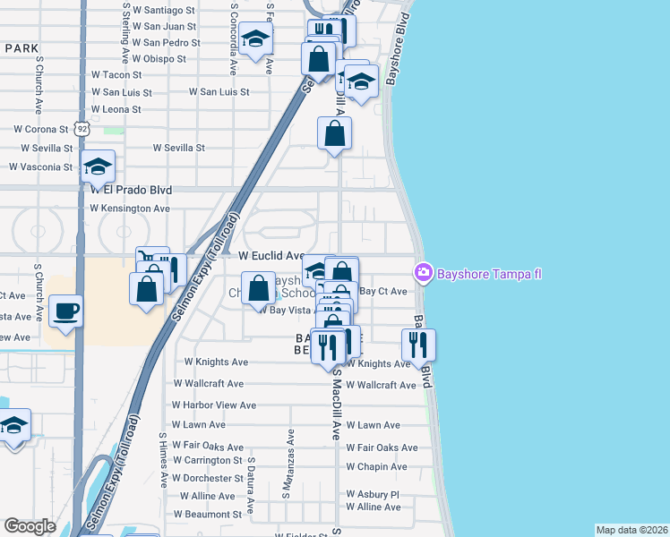 map of restaurants, bars, coffee shops, grocery stores, and more near 3104 West Bay Villa Avenue in Tampa