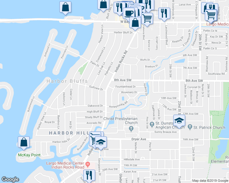 map of restaurants, bars, coffee shops, grocery stores, and more near 855 Fountainhead Drive in Largo
