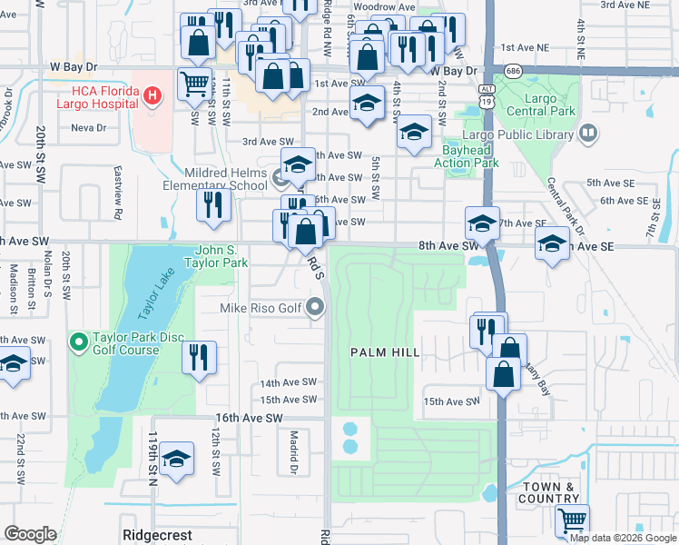 map of restaurants, bars, coffee shops, grocery stores, and more near 37 Pindo Palm Street West in Largo