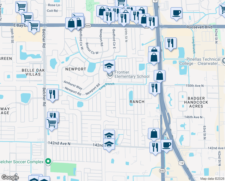 map of restaurants, bars, coffee shops, grocery stores, and more near 118 Robin Road in Clearwater