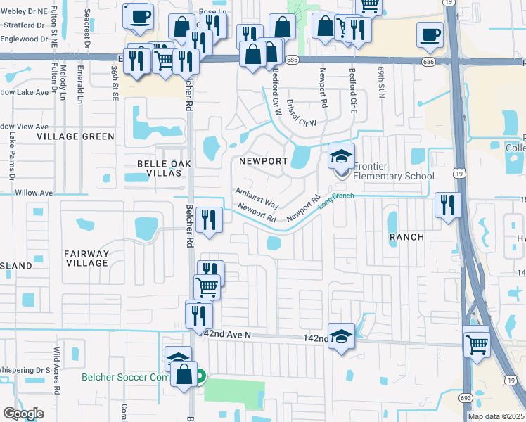 map of restaurants, bars, coffee shops, grocery stores, and more near 14932 Newport Road in Clearwater
