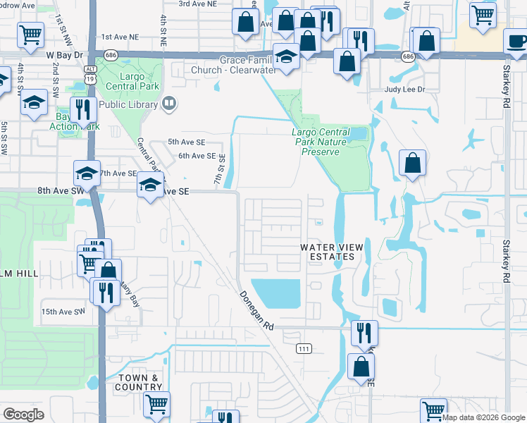 map of restaurants, bars, coffee shops, grocery stores, and more near 1071 Donegan Road in Largo