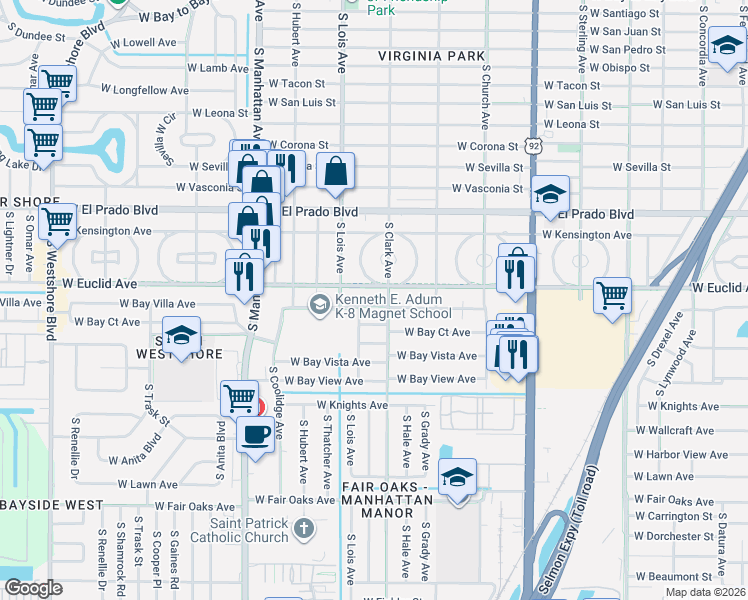 map of restaurants, bars, coffee shops, grocery stores, and more near 4105 West Bay Villa Avenue in Tampa