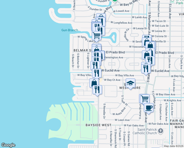 map of restaurants, bars, coffee shops, grocery stores, and more near 4811 West Bay Villa Avenue in Tampa