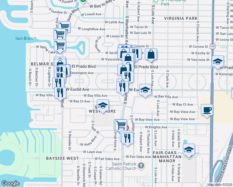 map of restaurants, bars, coffee shops, grocery stores, and more near 3623 East Royal Palm Circle in Tampa