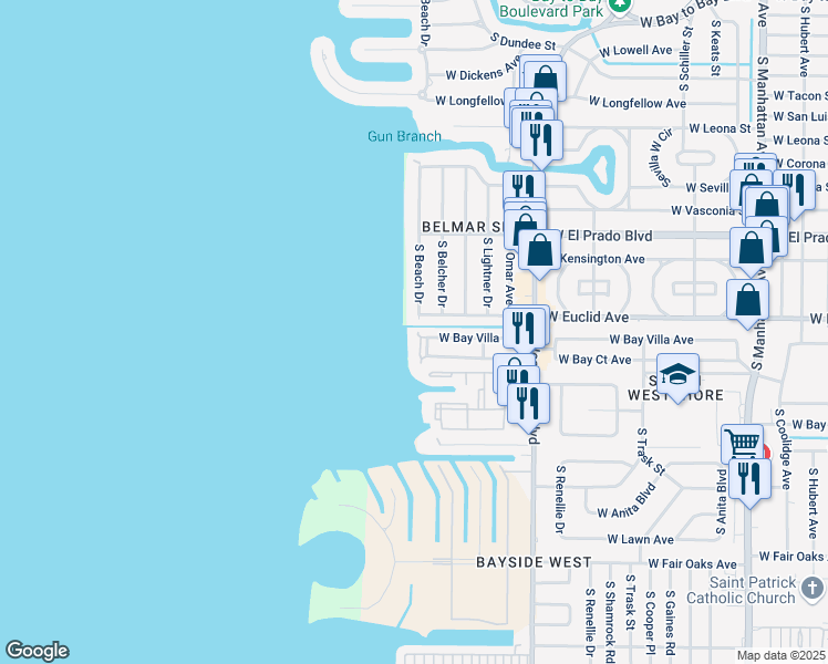 map of restaurants, bars, coffee shops, grocery stores, and more near 3621 South Beach Drive in Tampa