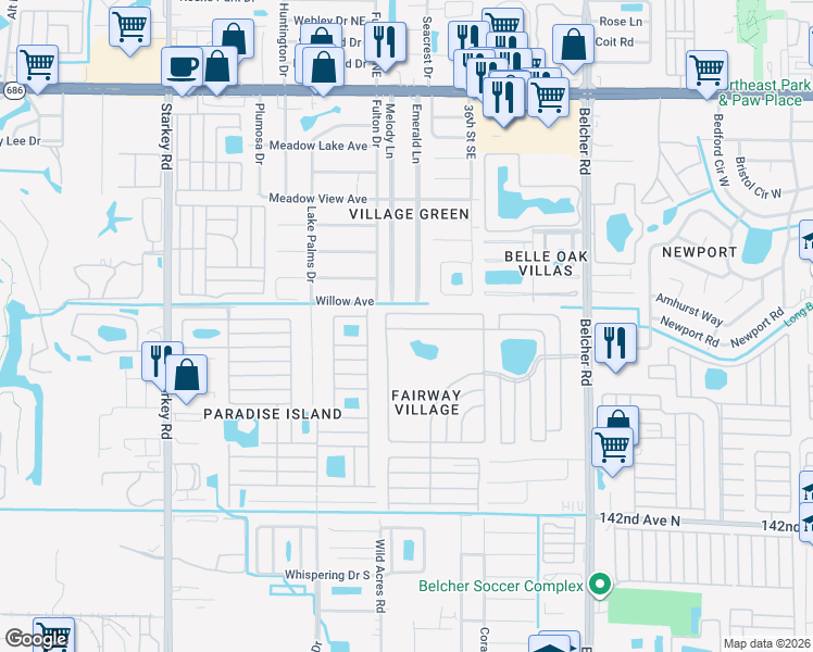 map of restaurants, bars, coffee shops, grocery stores, and more near 342 Eagle Drive North in Largo