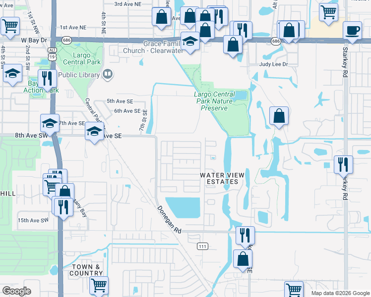 map of restaurants, bars, coffee shops, grocery stores, and more near 6th Street in Largo