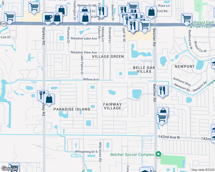 map of restaurants, bars, coffee shops, grocery stores, and more near 342 Eagle Drive North in Largo