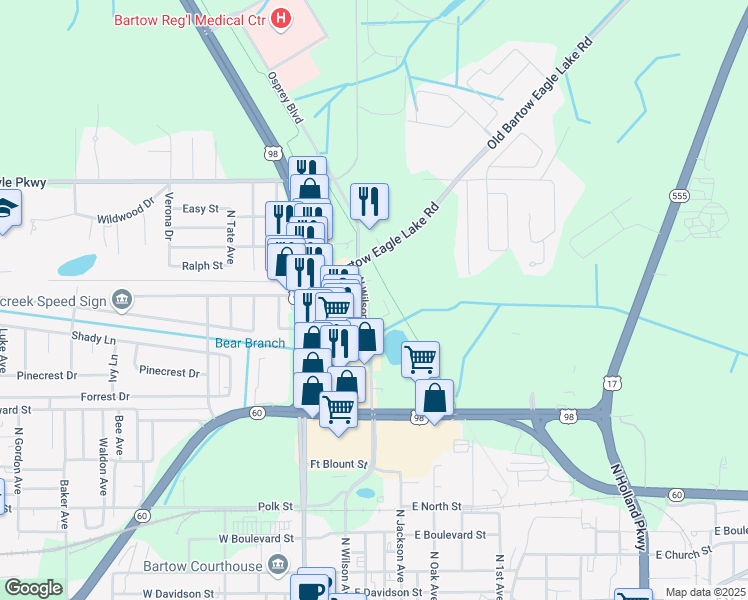 map of restaurants, bars, coffee shops, grocery stores, and more near 1430 North Wilson Avenue in Bartow