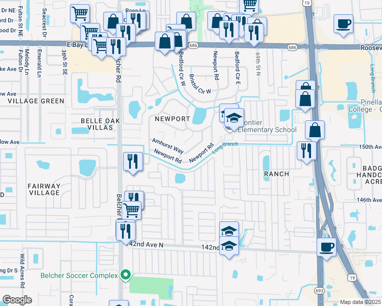 map of restaurants, bars, coffee shops, grocery stores, and more near 7220 Cambridge Way in Clearwater