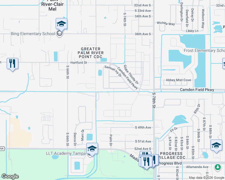 map of restaurants, bars, coffee shops, grocery stores, and more near 7318 Samuel Ivy Drive in Tampa