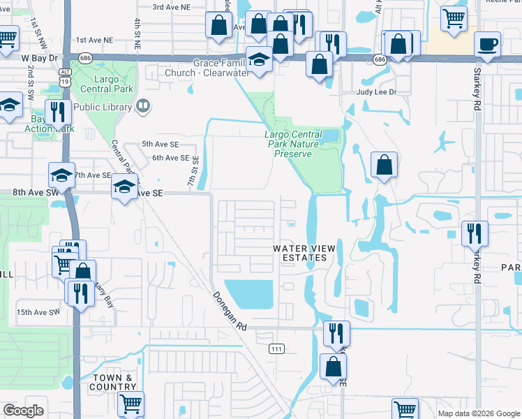 map of restaurants, bars, coffee shops, grocery stores, and more near 6th Street in Largo