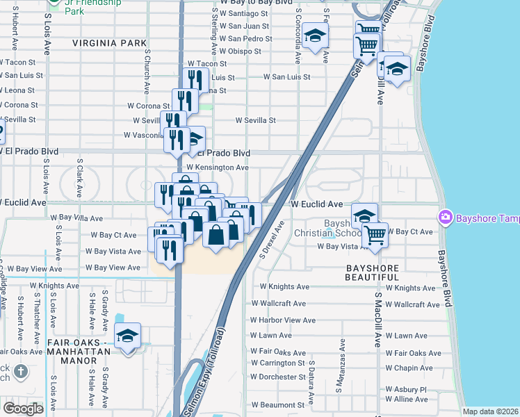 map of restaurants, bars, coffee shops, grocery stores, and more near 3615 South Gunlock Avenue in Tampa