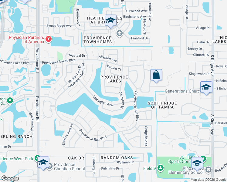 map of restaurants, bars, coffee shops, grocery stores, and more near 1509 Sakonnet Court in Brandon
