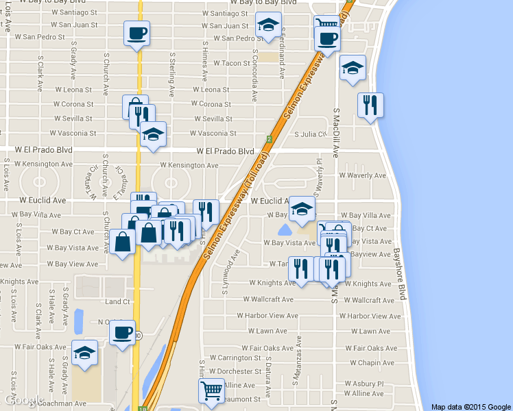 map of restaurants, bars, coffee shops, grocery stores, and more near 3152 West Euclid Avenue in Tampa