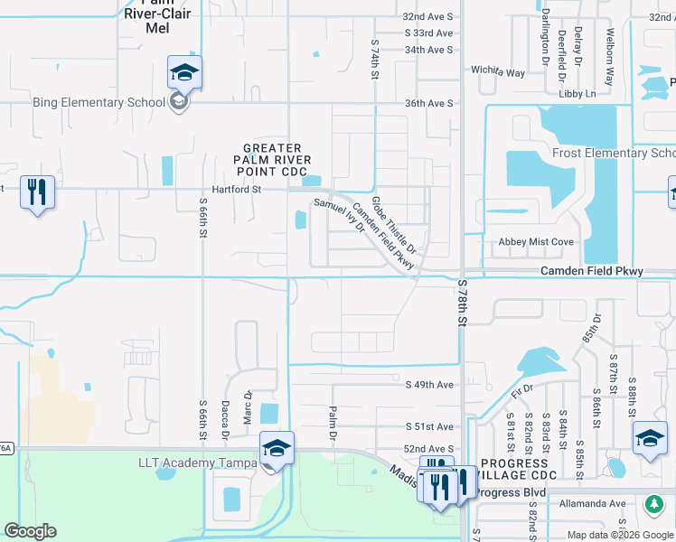 map of restaurants, bars, coffee shops, grocery stores, and more near 7318 Samuel Ivy Drive in Tampa