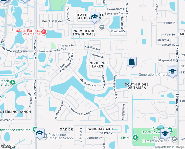 map of restaurants, bars, coffee shops, grocery stores, and more near 1716 Westerly Drive in Brandon