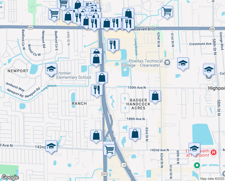 map of restaurants, bars, coffee shops, grocery stores, and more near 6550 150th Avenue North in Clearwater