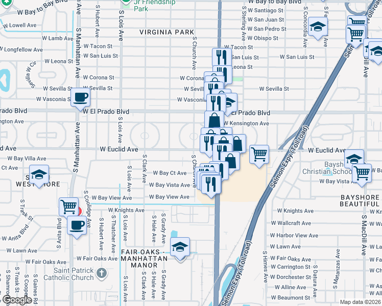 map of restaurants, bars, coffee shops, grocery stores, and more near 3627 West Tampa Circle in Tampa