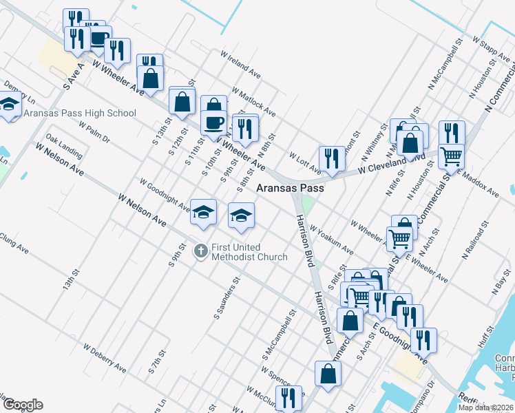 map of restaurants, bars, coffee shops, grocery stores, and more near 219 West Yoakum Avenue in Aransas Pass