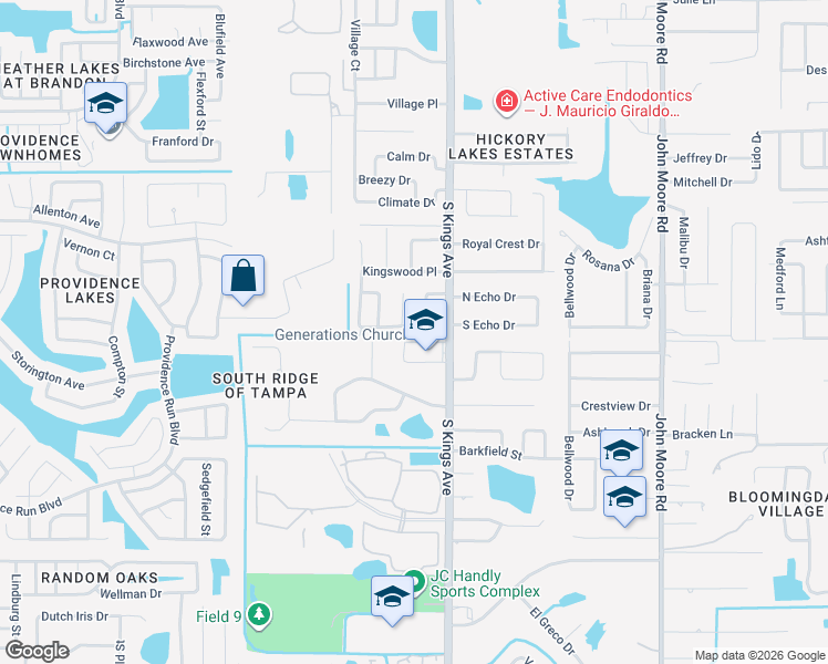 map of restaurants, bars, coffee shops, grocery stores, and more near 2210 Ladywood Court in Brandon