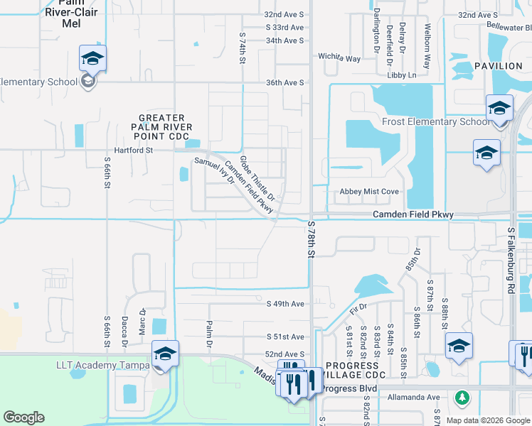 map of restaurants, bars, coffee shops, grocery stores, and more near 4225 Globe Thistle Drive in Tampa