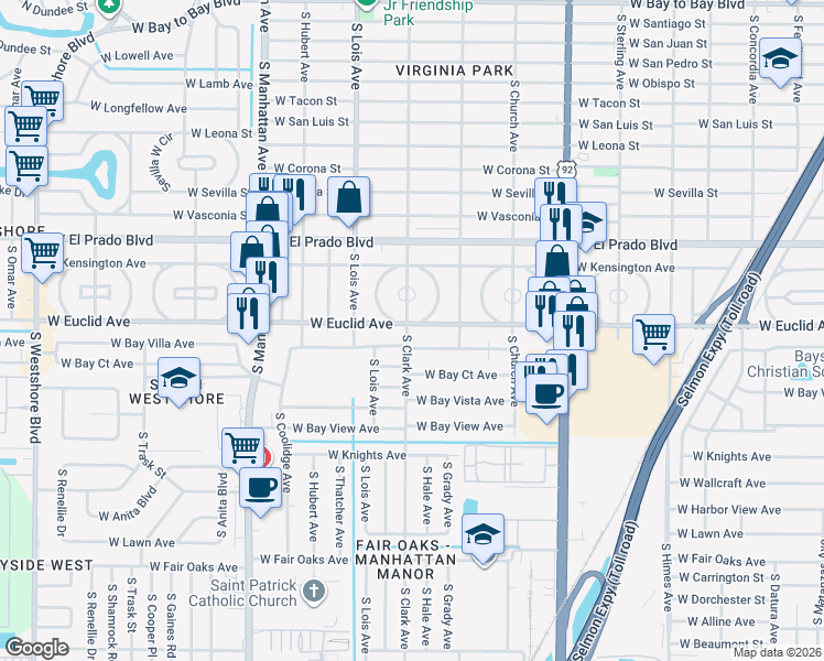 map of restaurants, bars, coffee shops, grocery stores, and more near 3629 East Clark Circle in Tampa