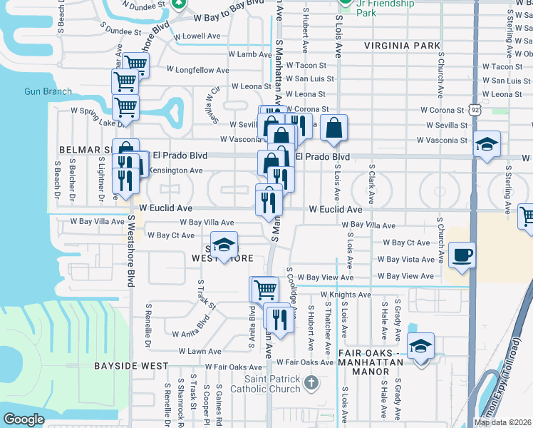 map of restaurants, bars, coffee shops, grocery stores, and more near 3647 South Manhattan Avenue in Tampa