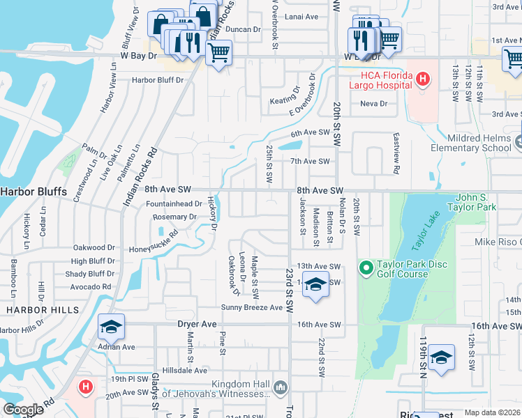 map of restaurants, bars, coffee shops, grocery stores, and more near 822 Palm Circle in Largo