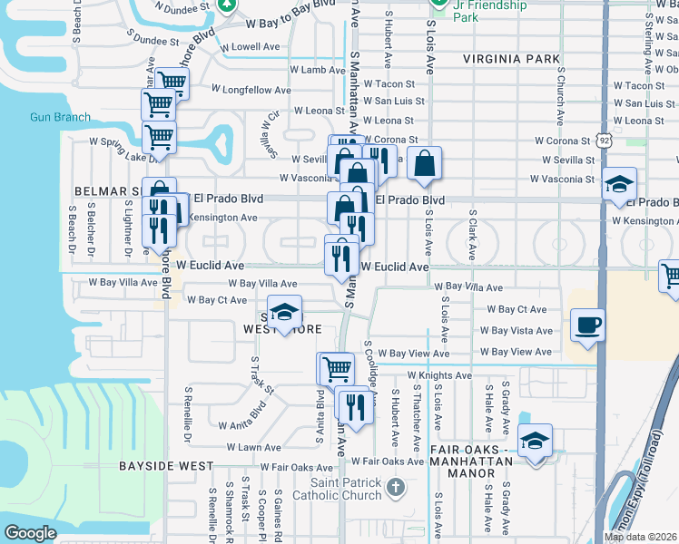 map of restaurants, bars, coffee shops, grocery stores, and more near 3647 South Manhattan Avenue in Tampa
