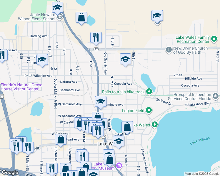 map of restaurants, bars, coffee shops, grocery stores, and more near 532 Lemon Street in Lake Wales