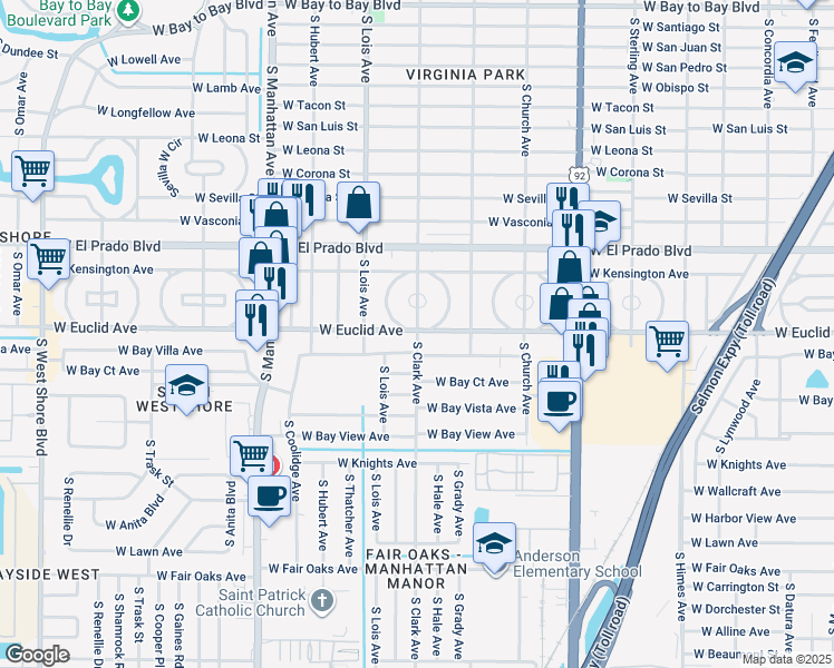 map of restaurants, bars, coffee shops, grocery stores, and more near 3629 East Clark Circle in Tampa