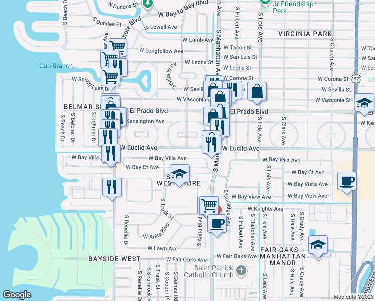 map of restaurants, bars, coffee shops, grocery stores, and more near 4605 West Euclid Avenue in Tampa