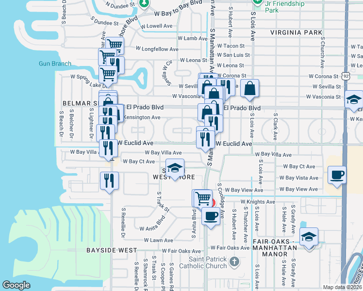 map of restaurants, bars, coffee shops, grocery stores, and more near 4605 West Euclid Avenue in Tampa