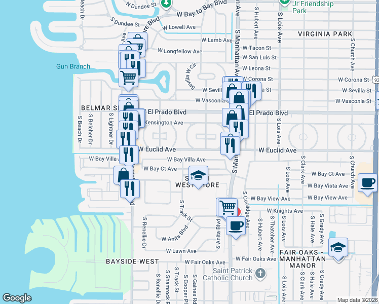 map of restaurants, bars, coffee shops, grocery stores, and more near 4619 West Euclid Avenue in Tampa