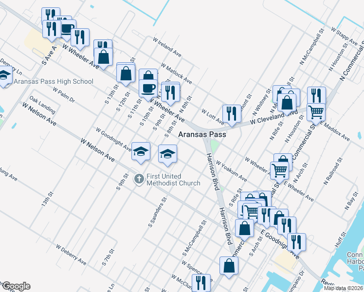 map of restaurants, bars, coffee shops, grocery stores, and more near 219 West Yoakum Avenue in Aransas Pass