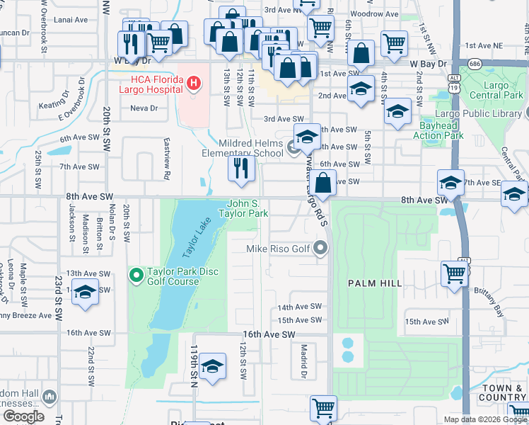 map of restaurants, bars, coffee shops, grocery stores, and more near 805 10th Street Southwest in Largo