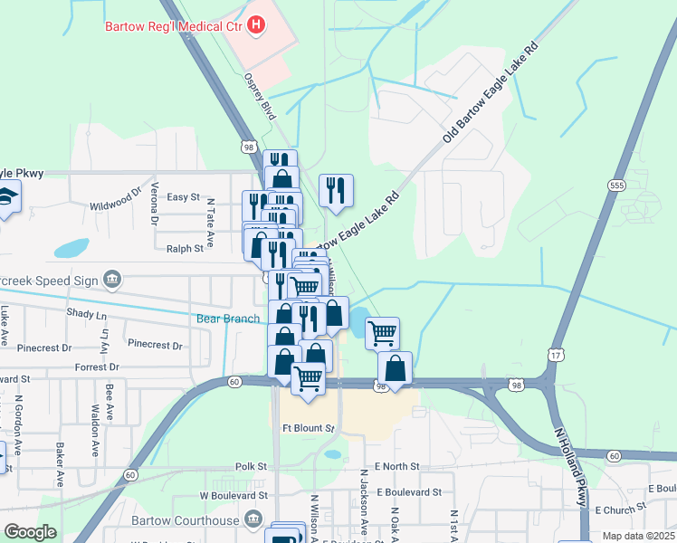 map of restaurants, bars, coffee shops, grocery stores, and more near 1430 North Wilson Avenue in Bartow