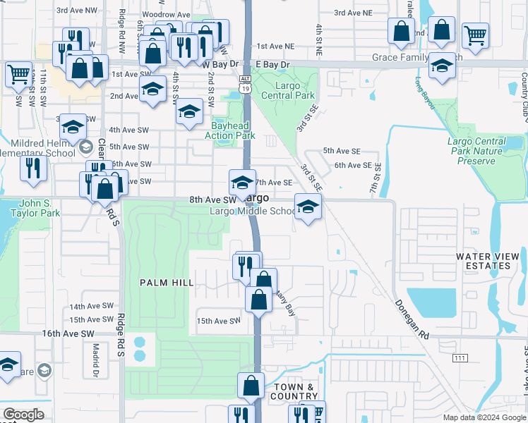 map of restaurants, bars, coffee shops, grocery stores, and more near 801 Seminole Boulevard in Largo